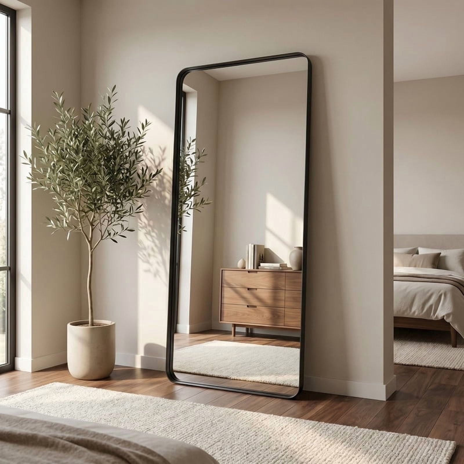 Easy4Home 72"x30"Deep Frame Rounded Rectangle Full Length Dressing Mirror Floor Standing Mirror Wall Mounted,Black