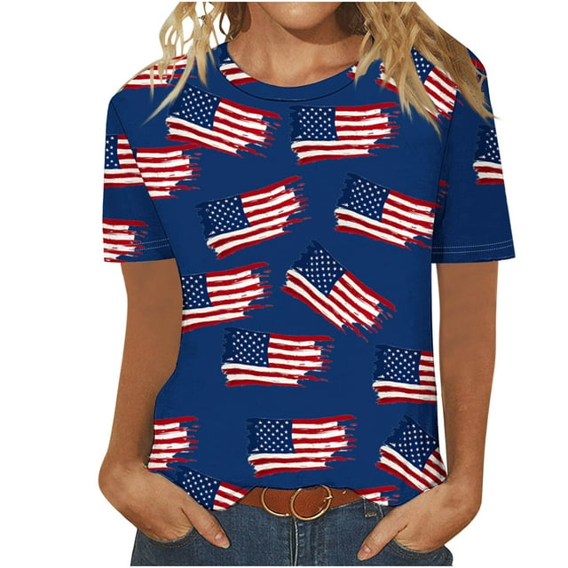 Pisexur Blouses pour Femmes Habillées Décontractées T-Shirt à Manches Courtes Col Rond Imprimé Jour de l'Indépendance pour Femmes, Hauts d'Été pour Femmes Multicolore, m