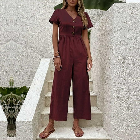 

Homadles Jumpsuits for Women Casual- Overalls Loose Fit Fashion Stretchy Short Sleeve Solid Rompers for Women Wine XL