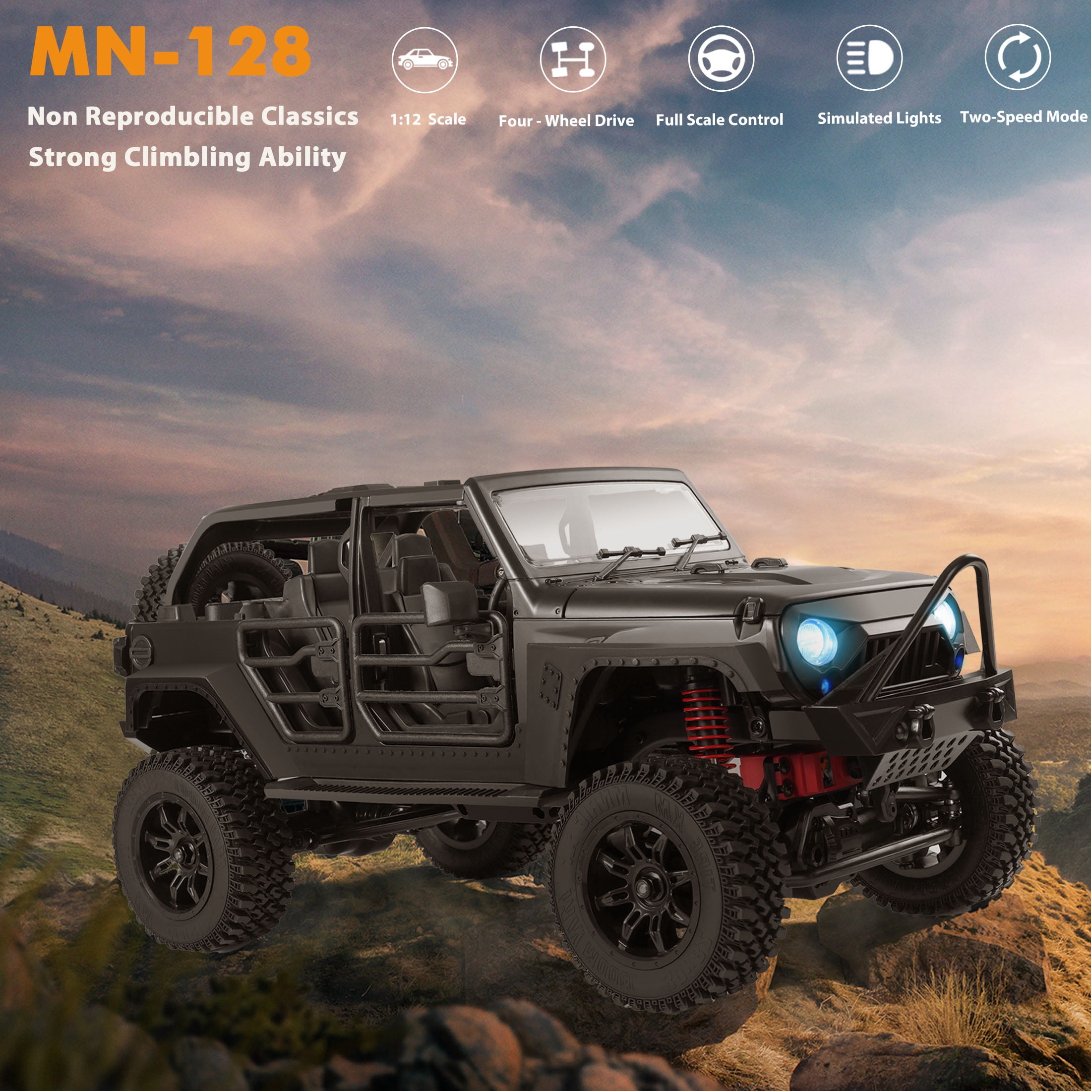 MN128 1/12 RC Car 4WD Crawler 2.4G Remote Control LED Light 4X4 Off Road Climbing Car RC Crawler Gift for Adults Black