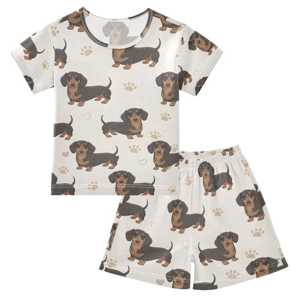 joogoo Cartoon Dachshund Dogs Pattern Pajama Sets Short Sleeve Cotton 2-Piece Sleepwear 5Y