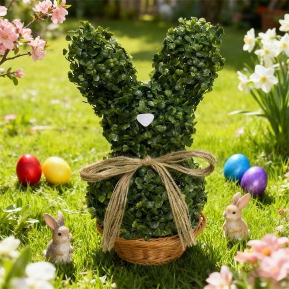 17'' UV-Resistant Shaped Rabbit Topiary Tree Pot - Artificial Lifelike Easter Bunny Topiary with Bow, Faux Boxwood Topiary Plant for Porch Garden Outdoor Indoor Easter Decor