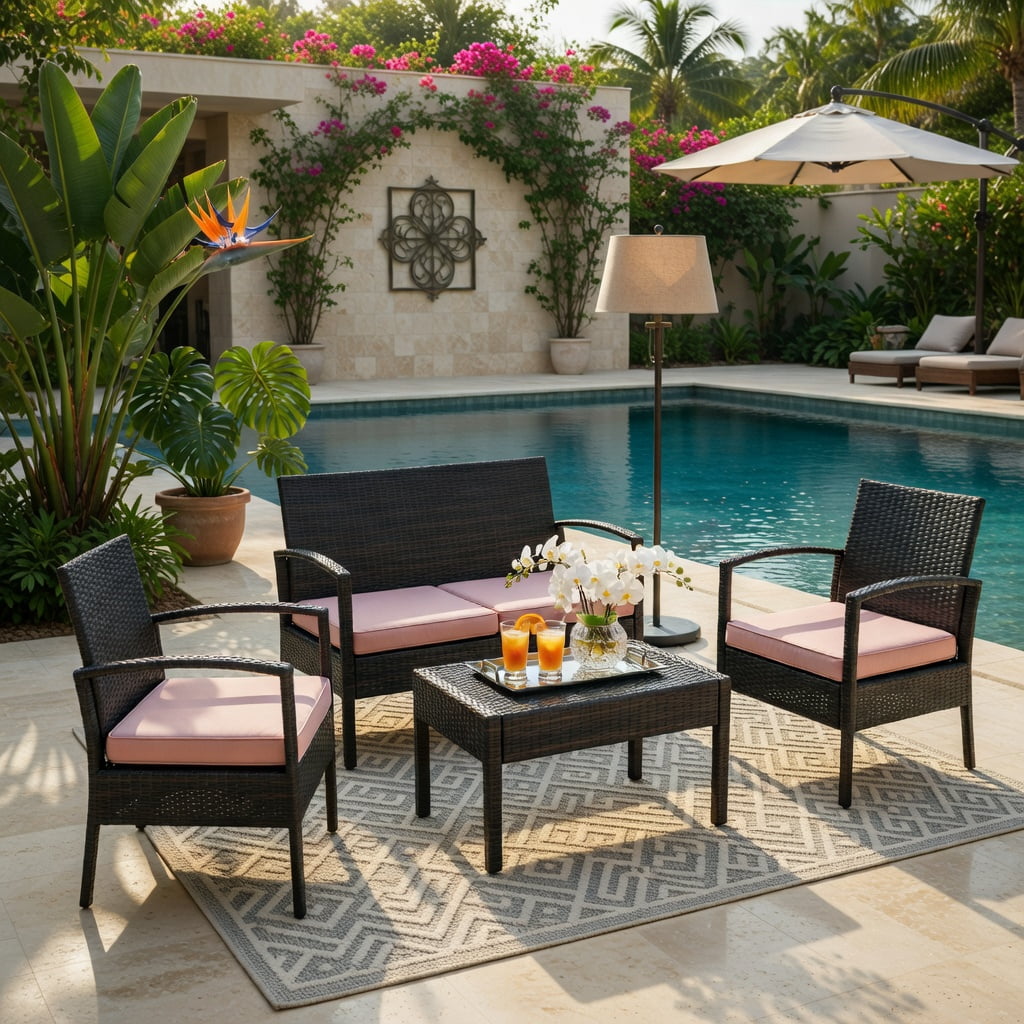 Hommoo 4-Piece Outdoor Rattan Patio Conversation Set, Double Loveseat, 2 Single Sofas & Glass-Top Coffee Table, All-Weather PE Wicker with Steel Frame, Black