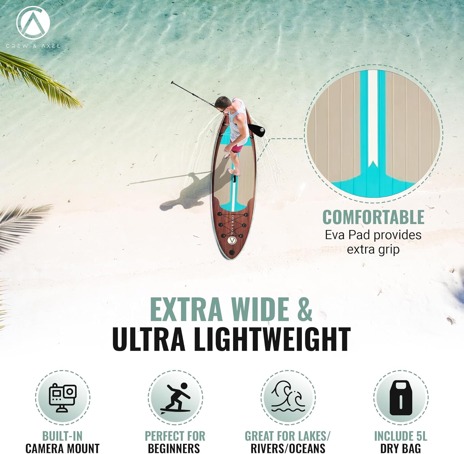 Crew & Axel Inflatable Paddle Board SUP 10FT (6.2” Thick) Non Slip Stand up Paddleboard Set W/Backpack (Dark Wood)