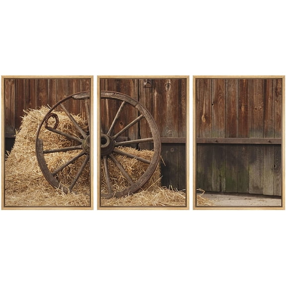 wall26 Framed Canvas Print Wall Art Set Antique Vintage Wheel in Country Barn with Hay Nature Wilderness Photography Realism Rustic Scenic for Living Room, Bedroom, Office - 16"x24"x3 NATUR