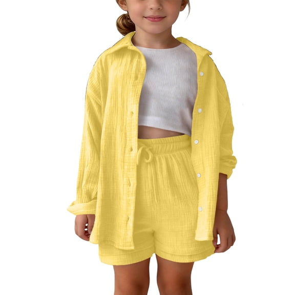 UACY Girls 2 Pcs Boho Linen Outfits Long Sleeve Button Down Loose Top Matching Short Pants Toddler Kids Casual Gauze Sets  (Yellow, 7-8 Years)