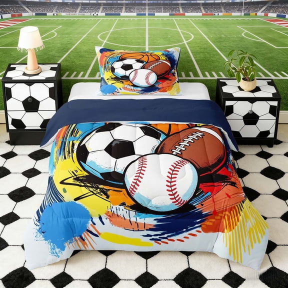 Erosebridal Color Splash Balls Twin Comforter Sets, Sport Bedding Set for Boys and Girls, Navy Reversible 2pcs, 1 Comforter and 1 Pillowcase