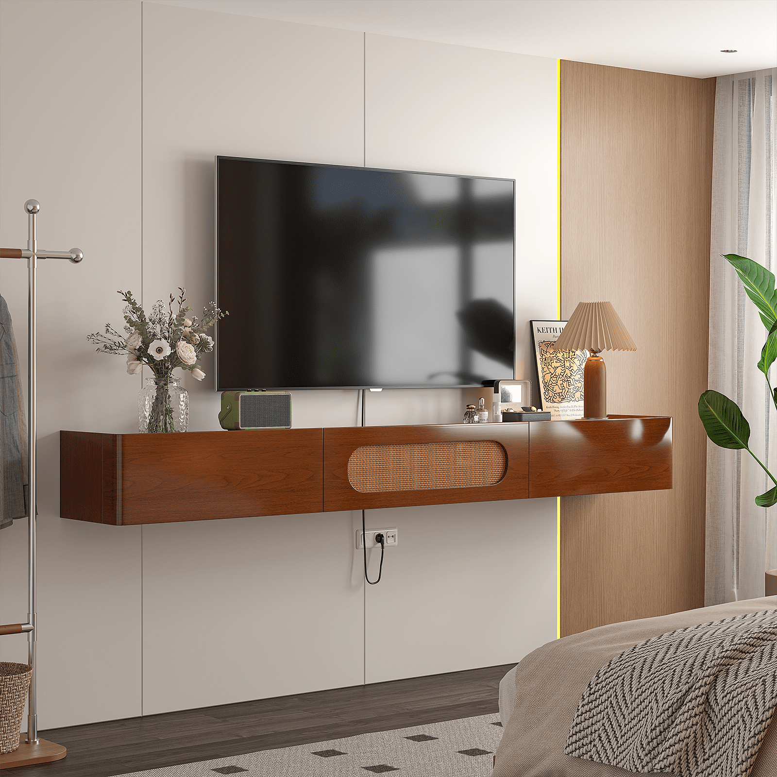 FloatiCasa 47" Fully Assembled Floating TV Stand Wall Mounted Floating Media Console with 2 Drawers and Rattan Door High Gloss Real Wood Veneer Entertainment Center for TVs up to 50"