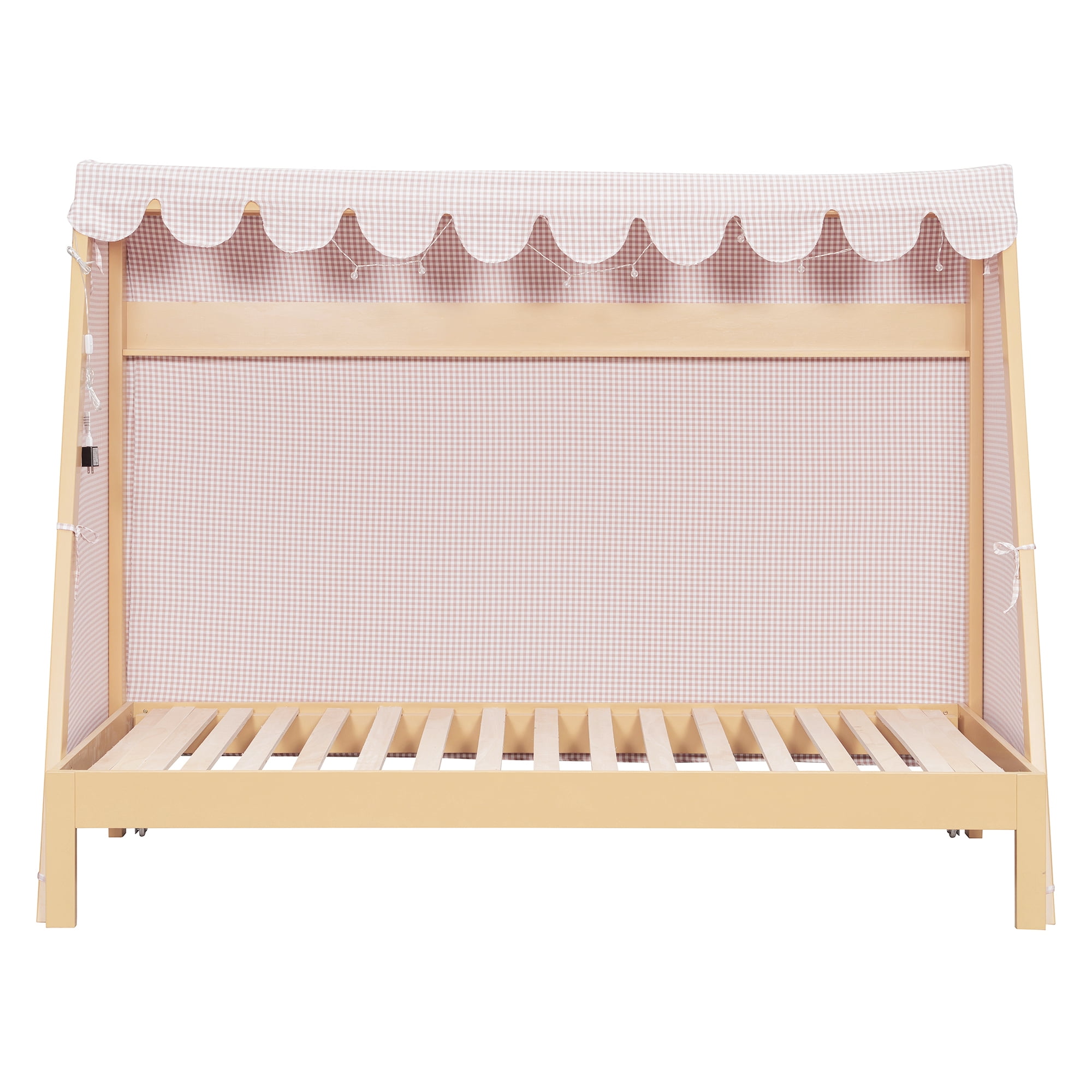 Mintazer Twin XL Platform Bed with LED Light, Trundle, Storage Shelf & Tent for Kids, Light Brown