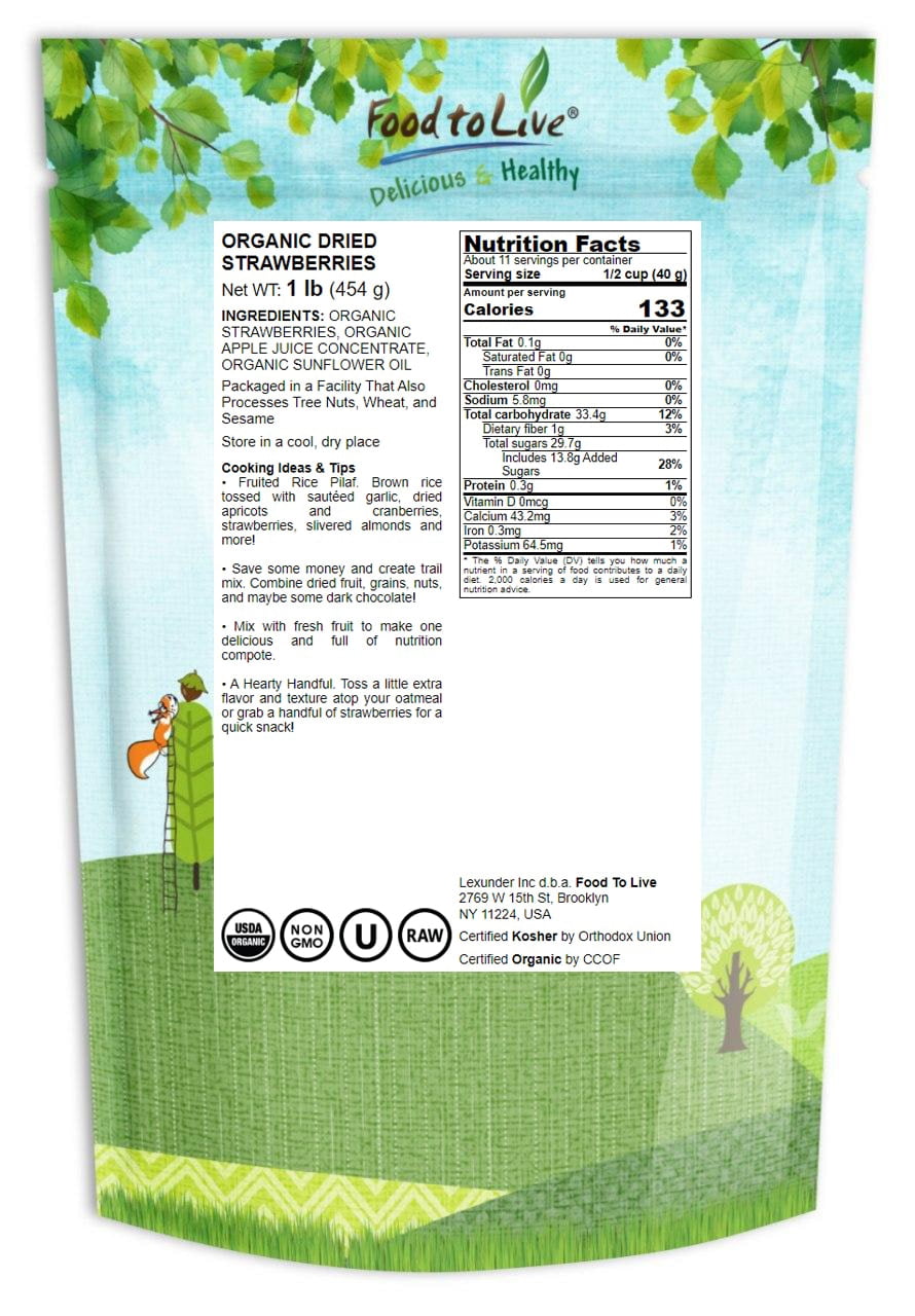 Organic Dried Strawberries, 1 Pound – Non-GMO, Kosher, Sweetened – by Food to Live