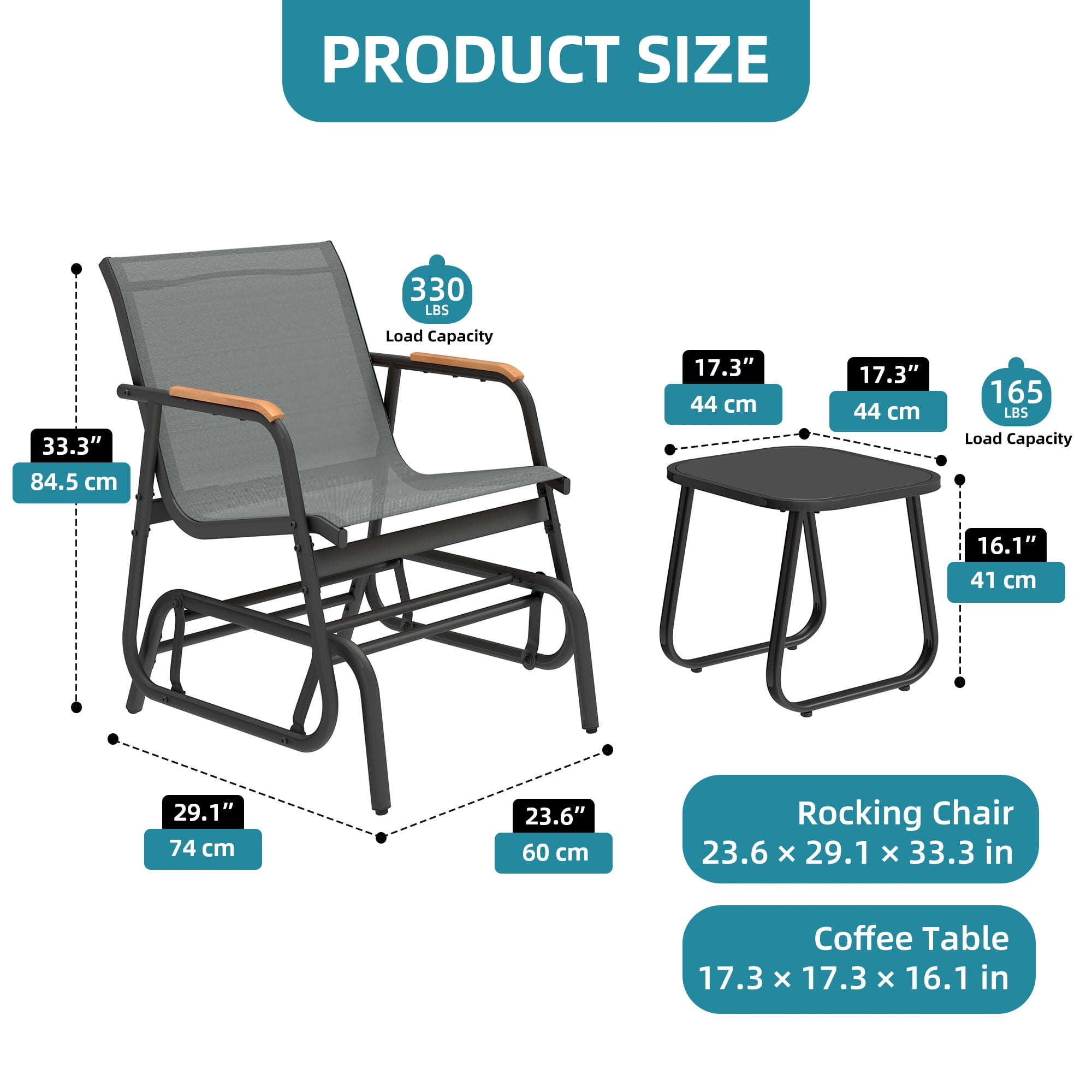 Uforic 3-Piece Patio Furniture Set, Outdoor Textilene Glider Bistro Set with 2 Glider Chairs & Tempered Glass Coffee Table, Heavy Duty Outdoor Seating Set for Backyard, Garden, Balcony, Gray