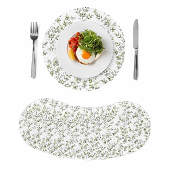 Green Leaves Round 13 Inch Placemats Set of 8, Summer Botanical Elegant Farmhouse HeatResistant Non Slip Place Mats for Dining Table, Wipeable Braided Kitchen Table Mats for Housewarming