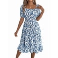 thumbnail image 2 of Women Off Shoulder Dress Floral Puff Sleeve Knee-Length A-Line Square-Neck Dresses Blue L, 2 of 9