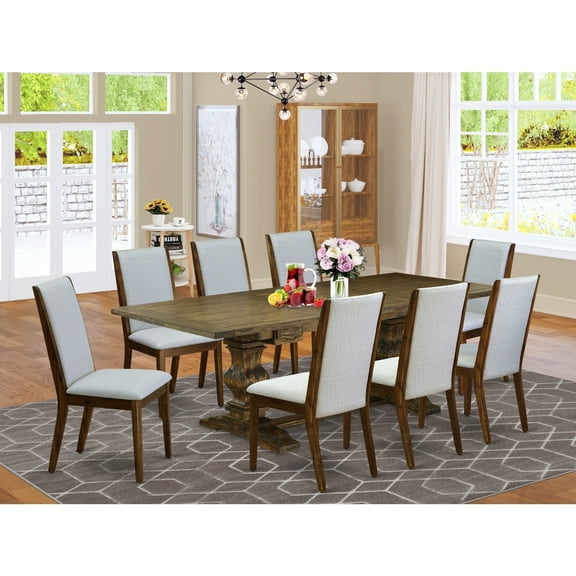 Modern 9-Piece Dining Set - Gray Linen Fabric ChairsAntique Walnut Table