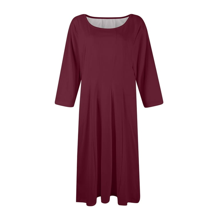 Evdexr 3/4 Sleeve Fit and Flare Dresses for Women Solid Color A Line Flowy  Dress Crew Neck Casual Midi Dress with Pockets Dark Purple L - Walmart.com