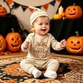 thumbnail image 2 of CUZIBR Boys Halloween Outfits Pumpkin Letter Print Baby Ribbed Three Piece Outfit Crewneck Long Sleeve Bodysuit Pants Knit Hat For Toddler Kids,a-Beige,6-12 Months, 2 of 5