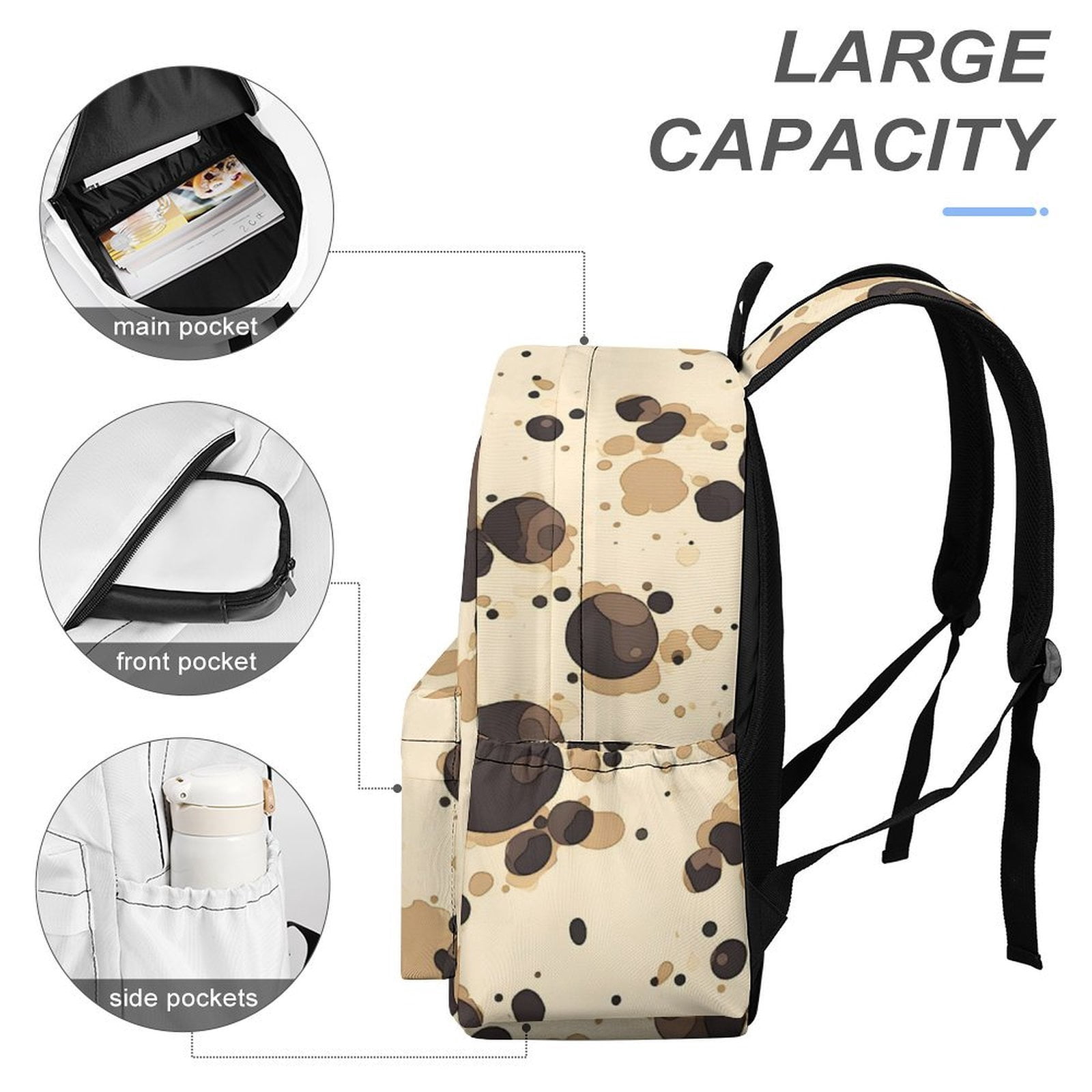 Large Capacity Half Print Backpack 11.8×16.5×5.9in Multifunctional Zipper Design Convenient Switch Milk Cow Print Style Sienna_1
