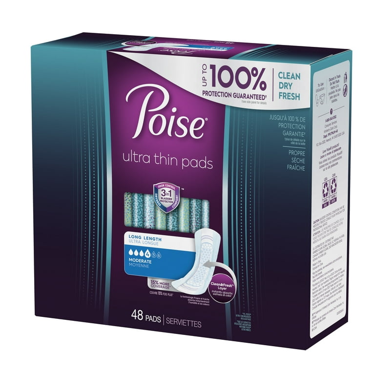 Poise Ultra Thin Incontinence Pads for Women, Postpartum Pads, Moderate  Absorbency, Long, 48ct