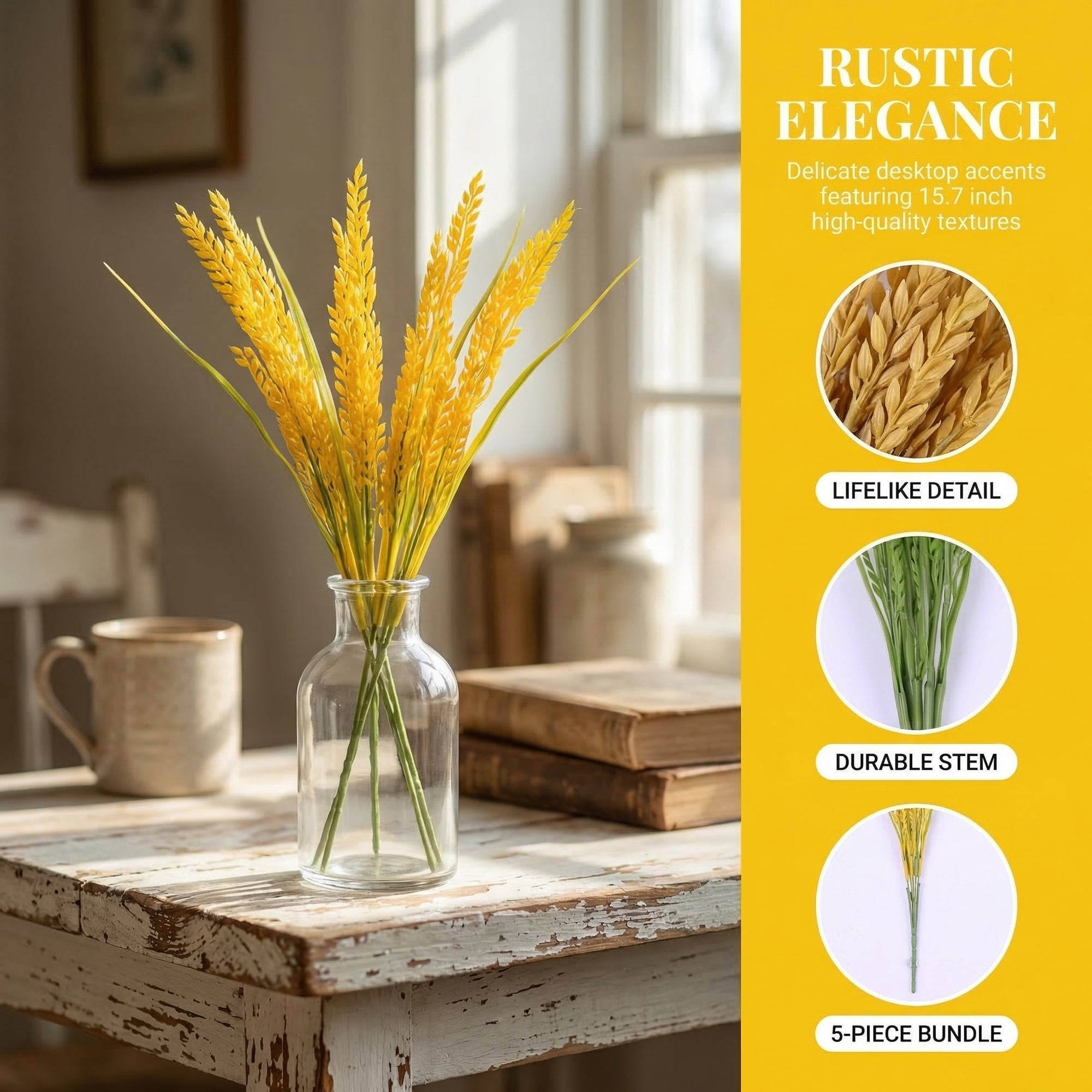 Unique Bargains 10Pcs Artificial Wheat Stems 15.7" Yellow Green