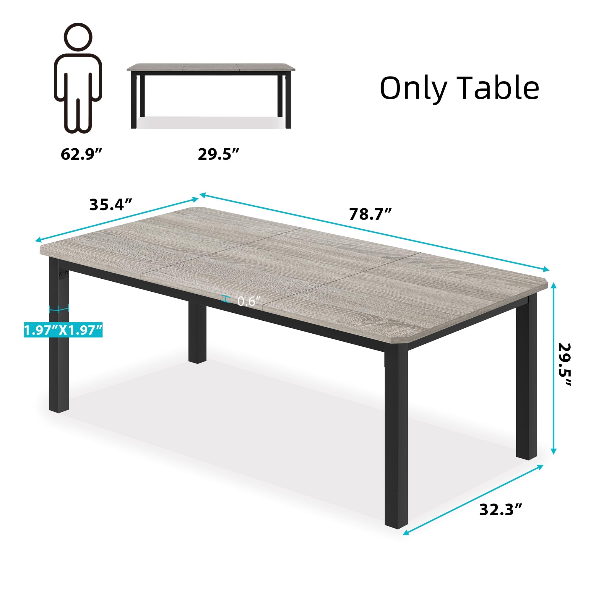 KOKEBREN 78.7 Inch Long Kitchen Table for 6-8, Dining Room Table for Kitchen Living Room, Large Rectangular Dinner Tables, Industrial Indoor Restaurant Tables with Sturdy Metal Frame(Only Table)
