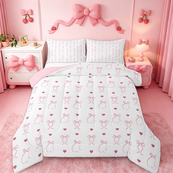jejeloiu Kawaii Cartoon Bowtie Twin Comforter Sets,Dreamy Pink Loves Bedding Set For Girl Kids Reversible 2-Piece