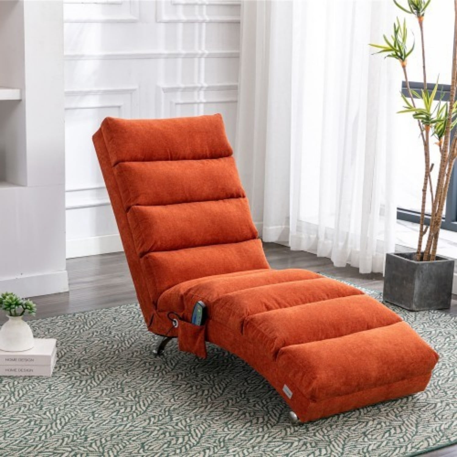 Upholstered Chaise Lounge Chair with Vibration, Modern Fabric Leisure Recliner with Ergonomic Fixed Back, Side Pocket & Lumbar Pillow, 300 lbs Capacity, Orange