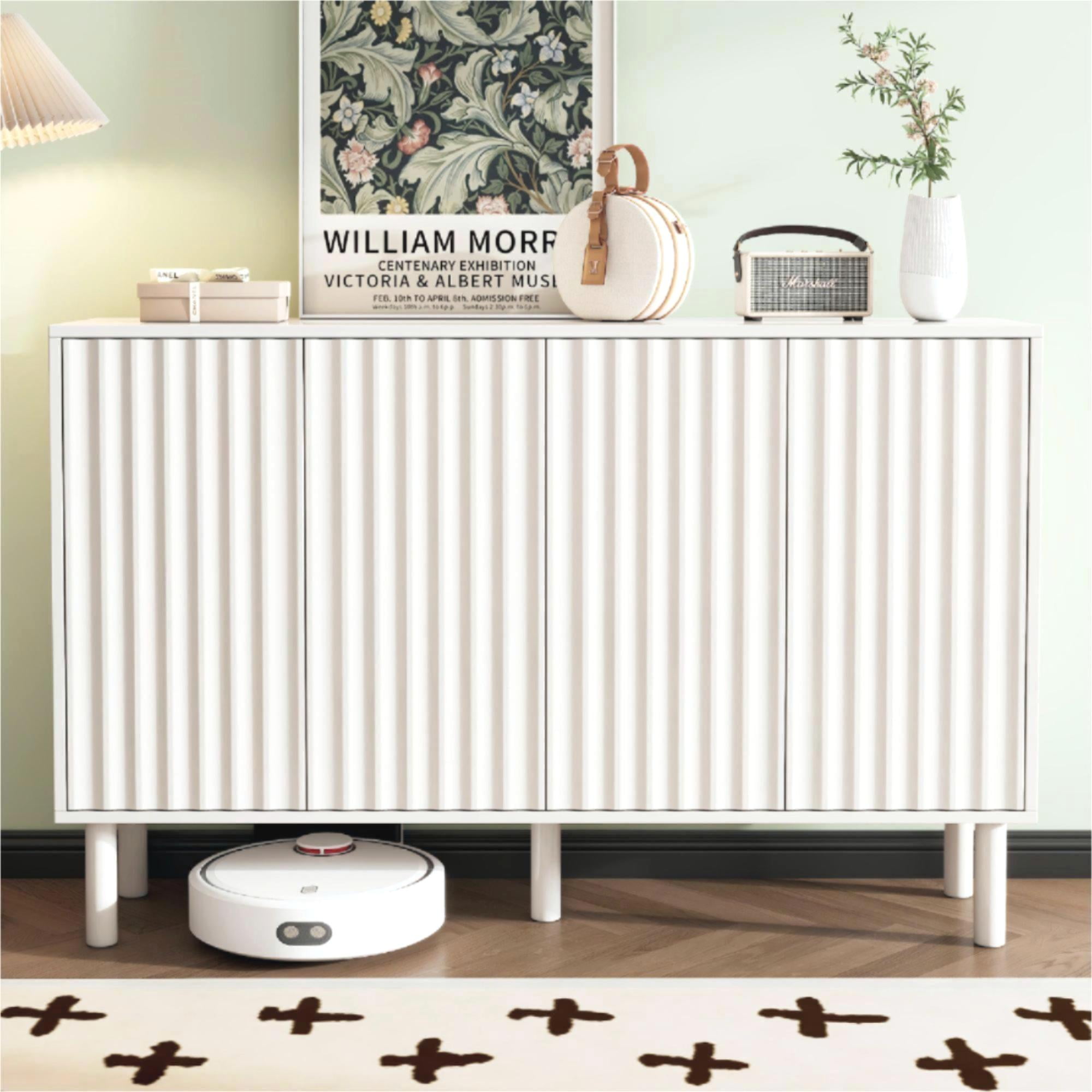 MAYEERTY Minimalist Shoe Cabinet with 5 Solid Wood Legs, Cream Style Sideboard Buffet Cabinet with Fluted Doors, Large 4-Door Storage Cabinet with Adjustable Shelves
