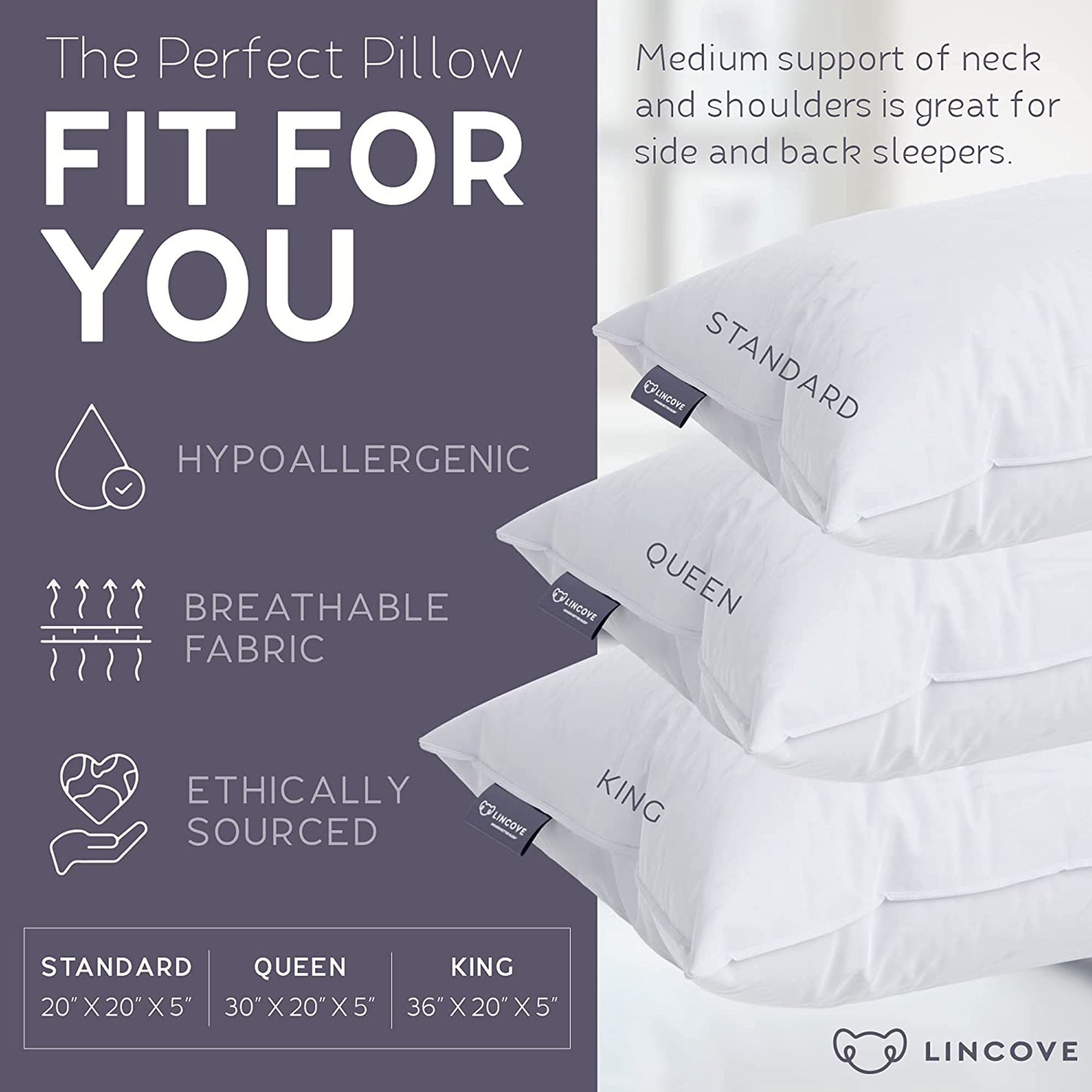 Lincove Resort Down Alternative Bed Pillows, King, 2-Pack, Medium Support, Hypoallergenic