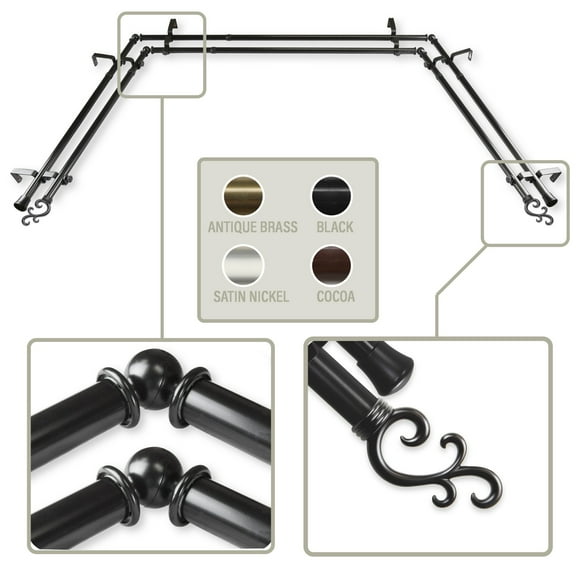 Mosey 13/16 inch Bay Window Double Curtain Rod 20-36", 38-72" - Black