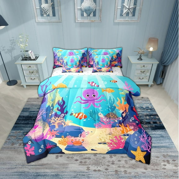 Erosebridal Animal Octopus Bedding Sets Twin Size,Marine Wildlife Comforter Sets with Sheets,Ocean Theme Decor,Reversible,Breathable,7pcs