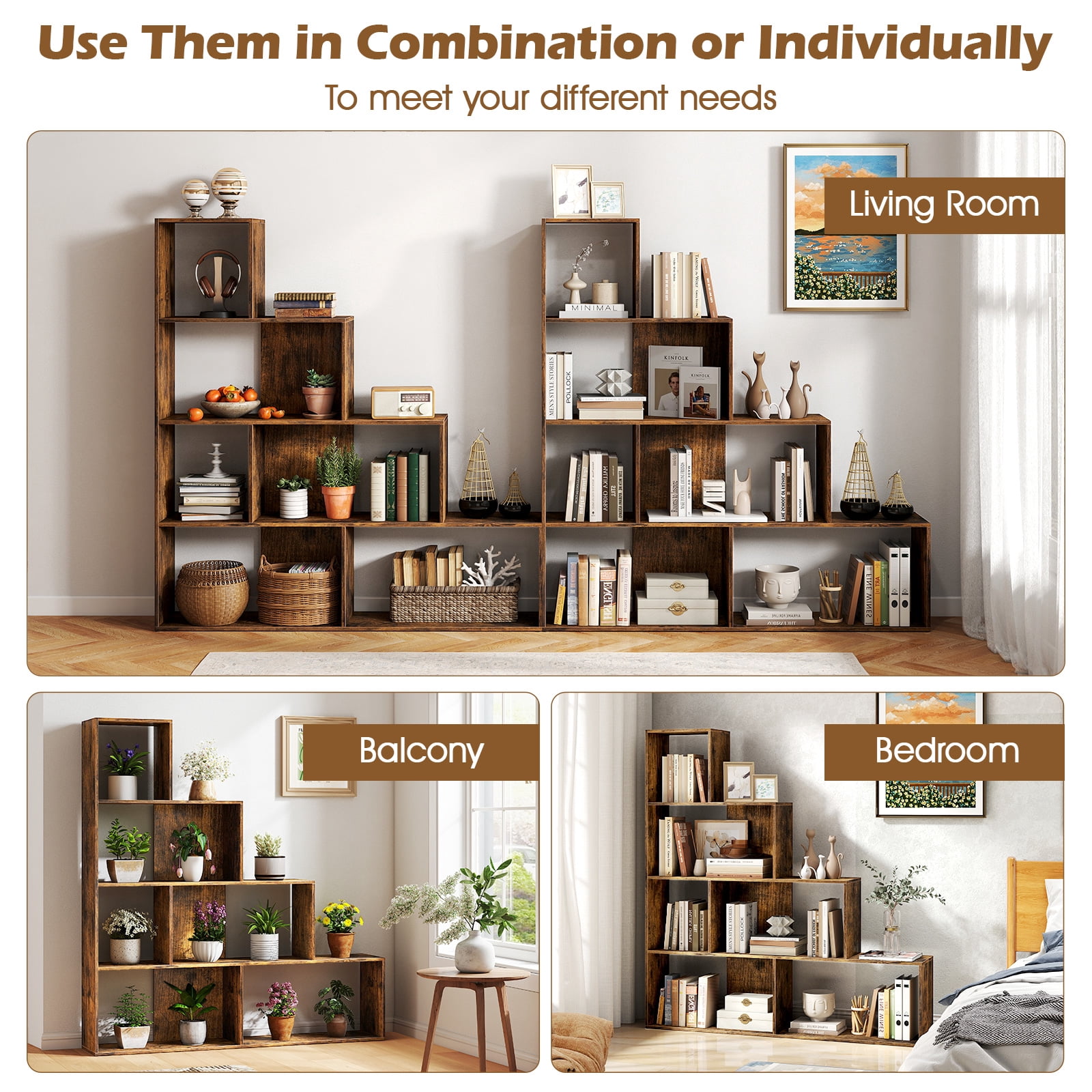 Costway 4-Tier Stepped Bookshelf with 6 Cubes, 64” Tall Organizer with Anti-Tipping Kits Rustic Brown