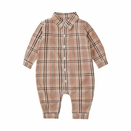 

LNWUY Infant Baby Boy Long Sleeved Jumpsuit One-Piece Plaid Romper Turndown Collar Single-Breasted Gentleman Bodysuit Coffee 90