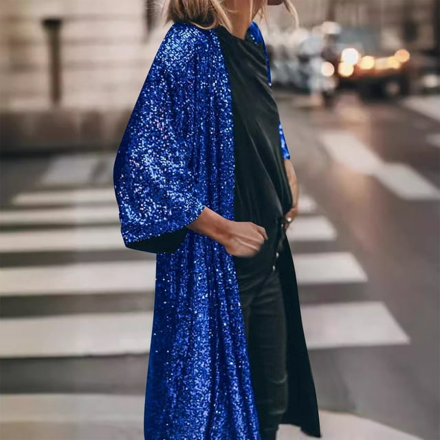 LOVZFMLL Cardigan for Women's Fashionable Mid To Long Five Quarter Sleeve Party Sequined Cardigan Jacket