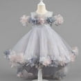 thumbnail image 2 of SERTG Little Girls' Party Dress Sheer Paneled Skirt with Back Zipper Short Sleeve Round Neck Princesse Outfit for 1-9 Years(Gray,3 Years), 2 of 5