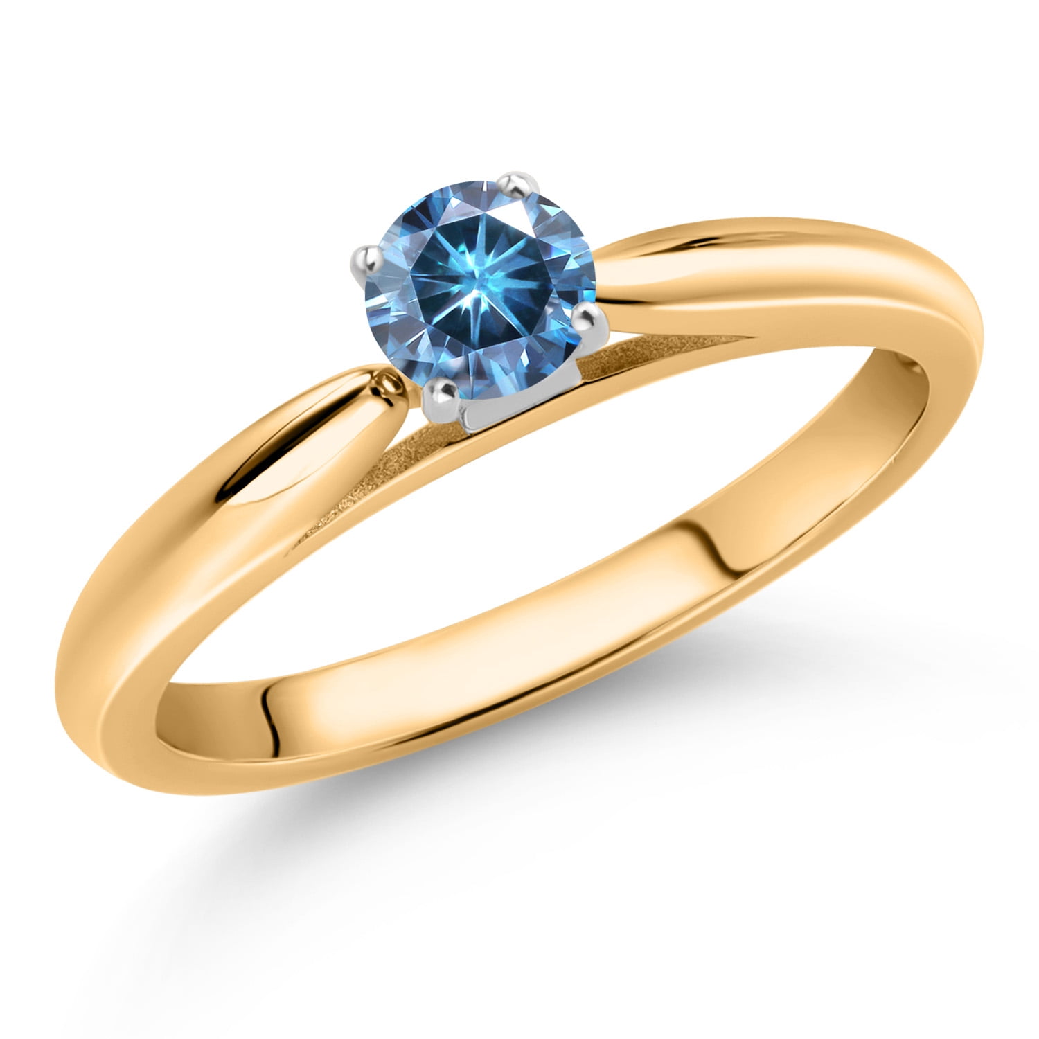 Gem Stone King 10K Yellow Gold Persian Blue Moissanite Solitaire Engagement Ring for Women (0.23 Cttw, Gemstone, Round 4MM)