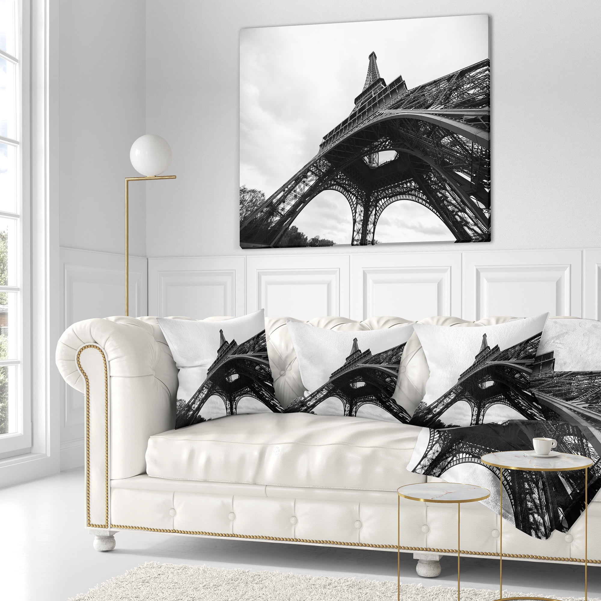 Designart Paris Paris Eiffel Towerin Black and White Side View - Cityscape Throw Pillow - 16x16