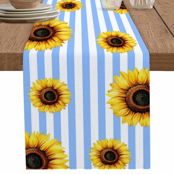 nqOlkjepod Blue Stripes Sunflower Table Runner 60 Inches Long Farmhouse Dress Scarves, Country Botanical Floral Dining Tablerunner for Coffee Table/Kitchen Island/Party Décor, 13" x 60"