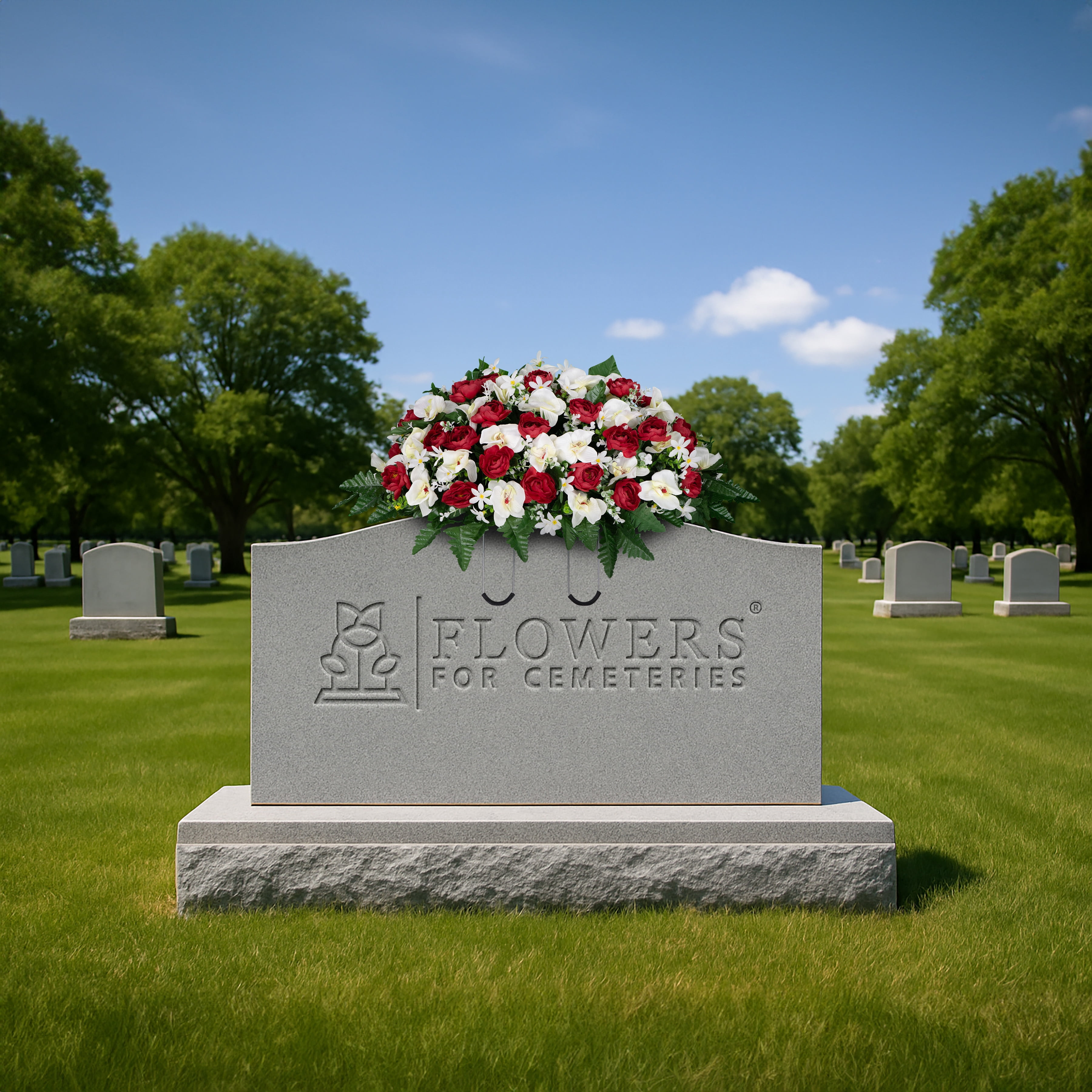 Sympathy Silks Artificial Cemetery Flowers - Red Cabbage Rose and White Orchid - Saddle for Headstone