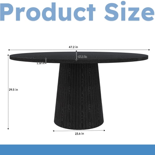 47" Round Dining Table for 4, Modern Farmhouse Black Circle Table with Wood Strip Base for Kitchen & Living Room