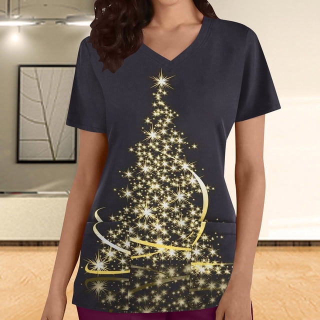 Fiudx Liquidación de Ahorros de Verano Blusa de Manga Corta con Cuello En V para Mujer, Uniforme de Trabajo, Impresión de Bolsillo