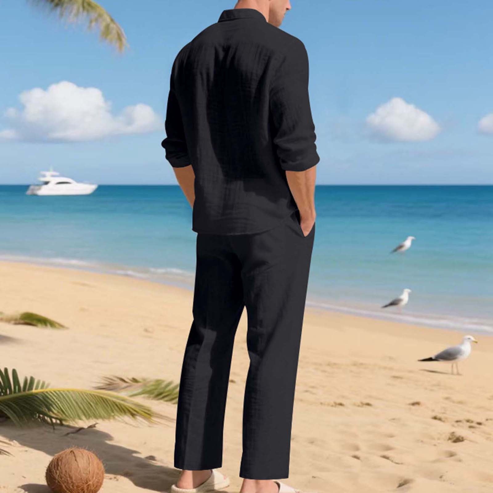 Men's Linen Casual Outfits Piece Solid Color Cuban Shirt and Pants Set Lightweight Beach Vacation Suit