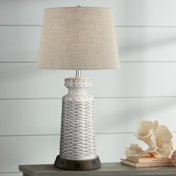 360 Lighting Country Cottage Table Lamp Ceramic USB and AC Power Outlet Workstation Charging Base 26" High White Tan Shade Bedroom (Color May Vary)
