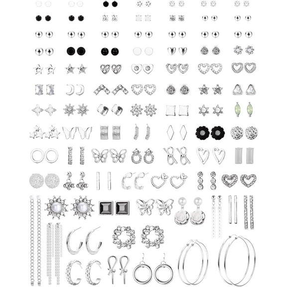 𝟗𝟎𝐏𝐚𝐢𝐫𝐬 Stud Earrings for Women, Multipack Cute Earrings for Sensitive Ears, 𝐇𝐲𝐩𝐨𝐚𝐥𝐥𝐞𝐫𝐠𝐞𝐧𝐭𝐢𝐜 Flower Butterfly CZ Hoop Dangle Earrings Set,Silver & Gold Tone Silver Silver