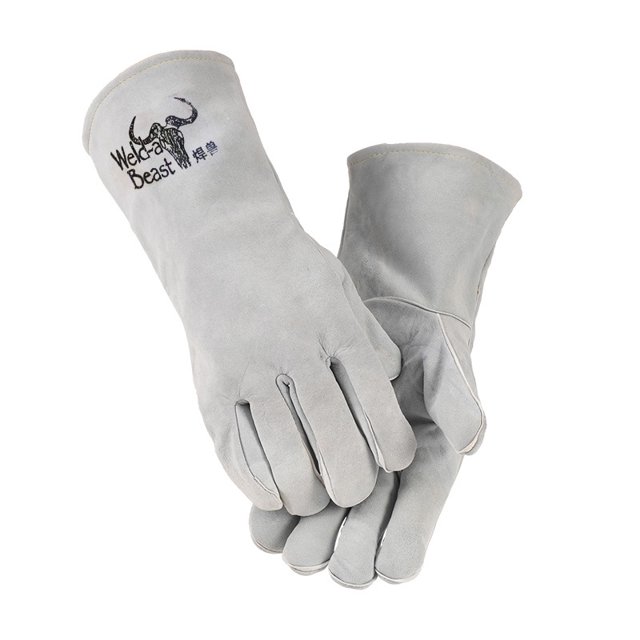 Guantes largos de soldadura de cuero flor de vaca, guantes de trabajo también adecuados para asar a la parrilla, guantes de seguridad Gris JAMW Sencillez