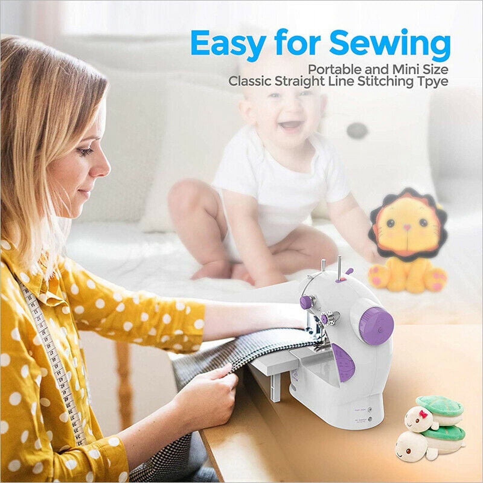 BSHAPPLUS® 110pcs Portable Mini Stitch Sewing Machine, Double Speed Switch with Lamp Thread Cutter, Extension Table, Sewing Kit for Beginner Adult Kids Arts Crafts Household, Travel
