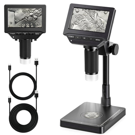 Herwicm Microscope with Weighing Scale: 4.3" Digital Coin Microscope with Screen, Error Coin Magnifier with Lights, Weight Scale for Collectors, Jeweler, Students, Compatible with Windows/Mac