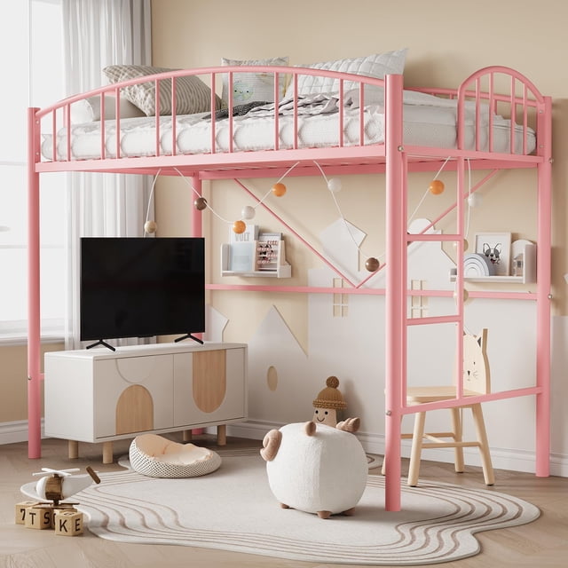 Loft Bed Twin Size, Heavy Duty Metal Loft Bed Frame with Arched Guardrail and Safety Ladder in pink. The bed features a 15-inch high arched guardrail for safety and a sturdy metal frame with V-shaped back support. The space-saving design provides 46.5 inches of clearance underneath, ideal for storage or play. The bed is shown in a cozy children's room with a TV stand, toys, and decorative elements.