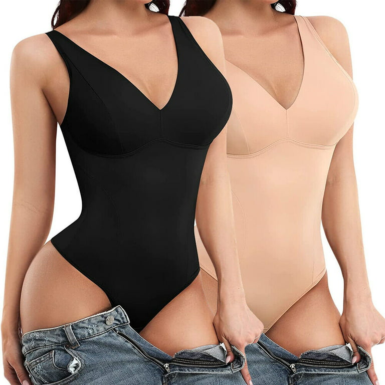 Thong Bodysuit for Women Tummy Control Shapewear Sexy V Neck Short