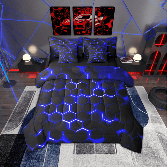Manfei Geometric Hexagon 7-Piece Twin Bedding Sets,Minimalist Geometric Honeycomb Bedding Comforter Set,Blue Black Sheet Sets For Boys Boys,Super Cozy Room Decor Reversible
