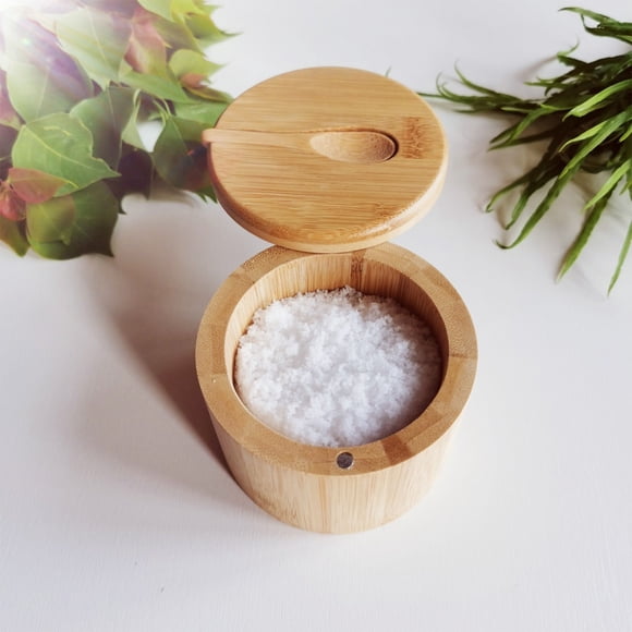 Wooden Seasoning Box with Spoon - Kitchen Storage Jars for Spices, Herbs & Seasonings, Stackable Organizer